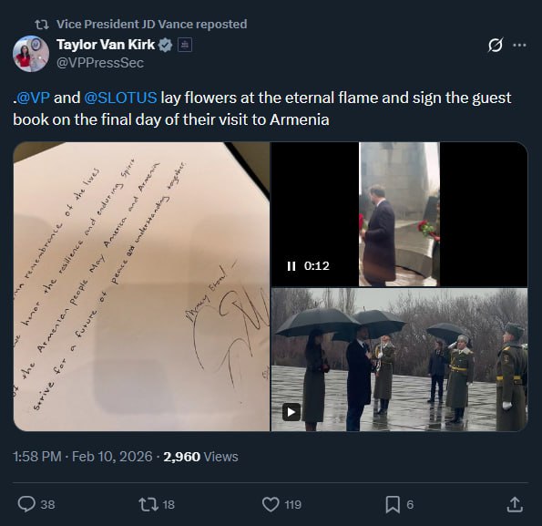 Вэнс удалил пост в соцcети X о посещении Мемориала жертвам Геноцида армян