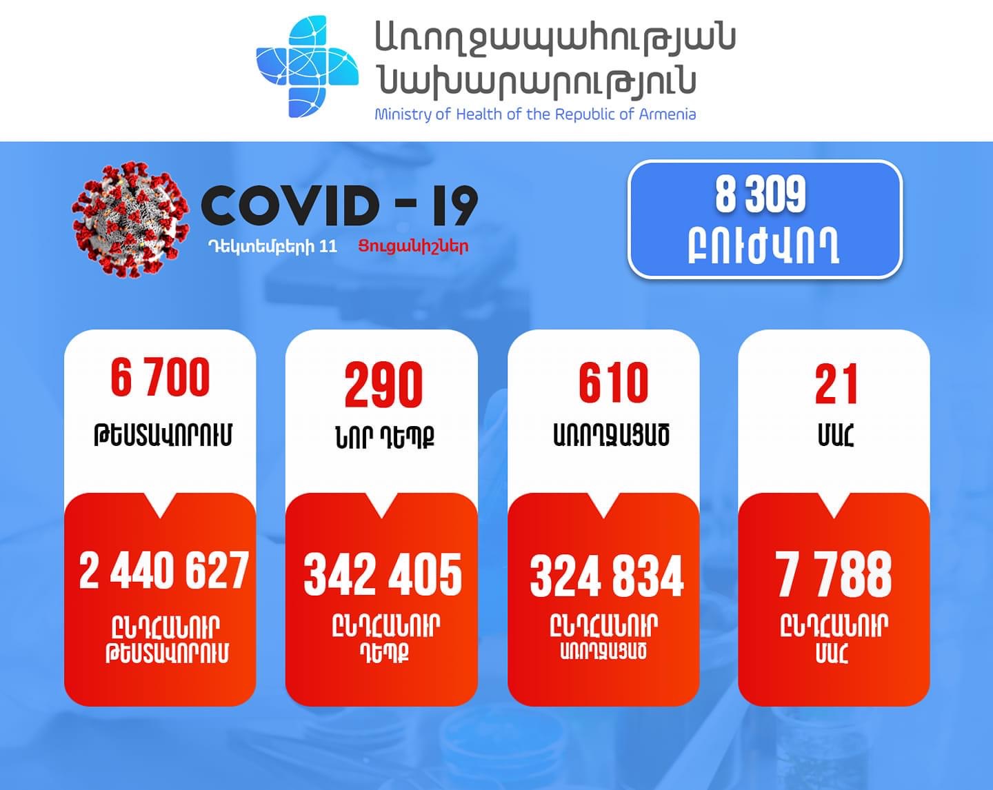 Коронавирус в Армении: 290 новых случаев заражения и 21 смерть за сутки