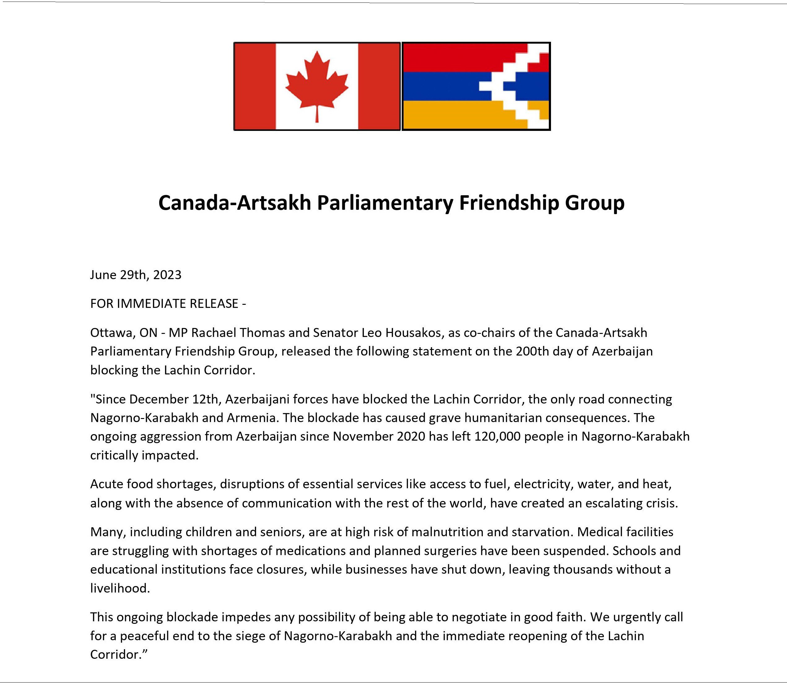 Канадские депутаты призвали к немедленному открытию Лачинского коридора