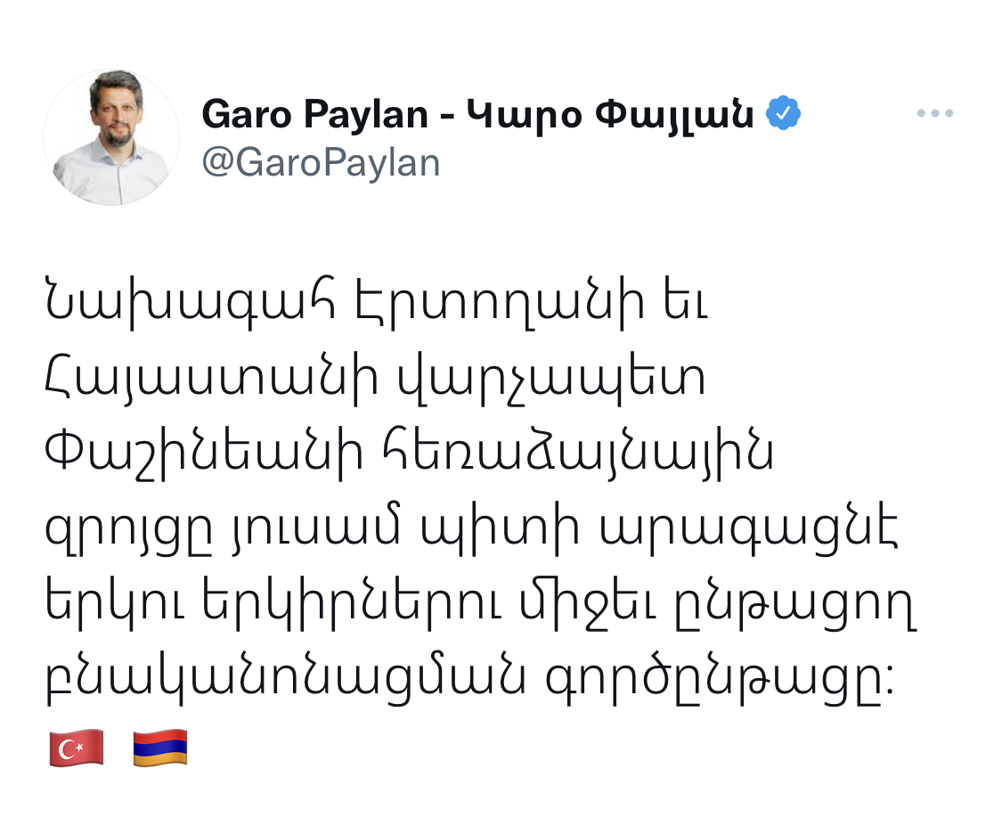 Палян надеется, что переговоры Эрдогана и Пашиняна ускорят процесс нормализации отношений