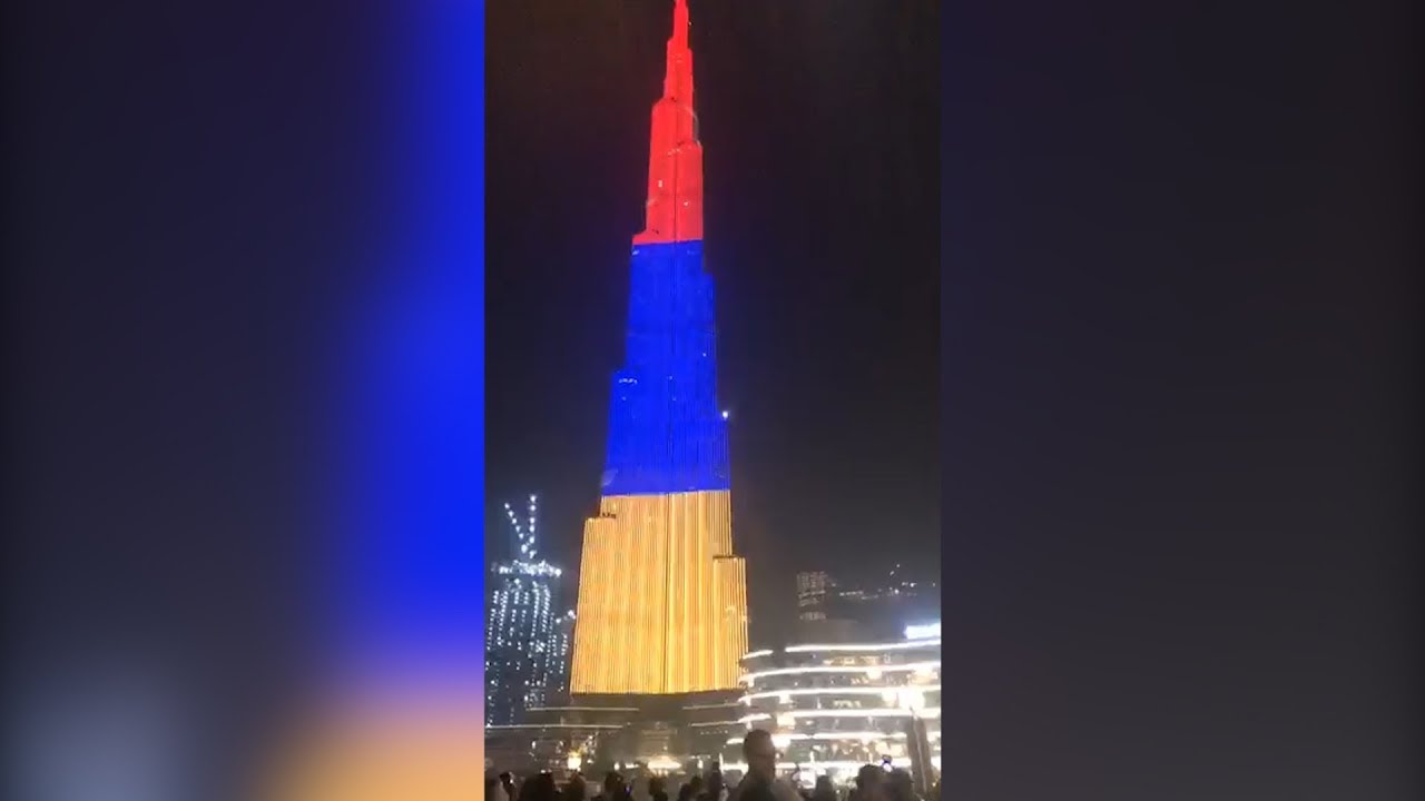 Небоскреб в мире «Бурдж-Халифа» окрасили в цвета армянского триколора (видео)
